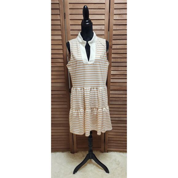 Nautica New Knit Sleeveless Dress Women's XL Tiered Almond Ivory Stripe Pockets - Picture 3 of 10